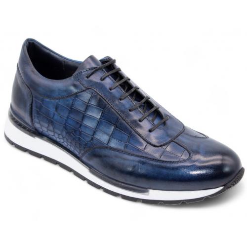 Duca Di Matiste "Varsi" Navy Genuine Italian Calf Leather Crocodile Print Sneakers.